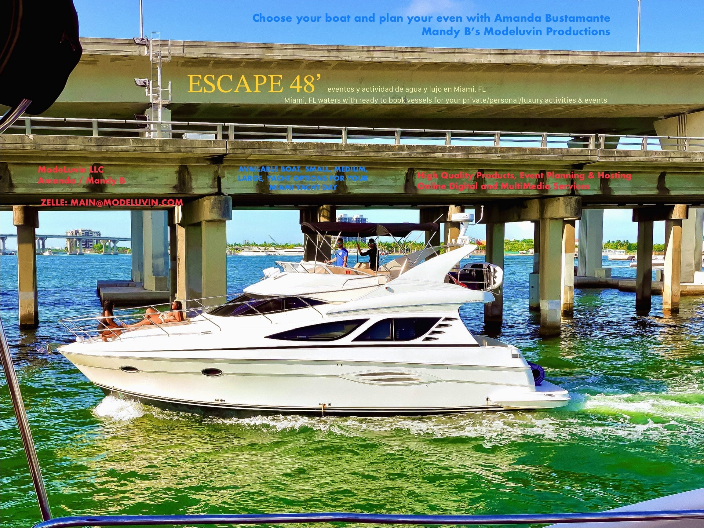 YACHT AVAILABLE TO BOOK FOR DATED EVENT/PARTY WITH ME MANDY B | A MIAMI YACHT DAY, MODELUVIN PRODUCTION OF EVENTS & MEDIA WITH AMANDA BUSTAMANTE