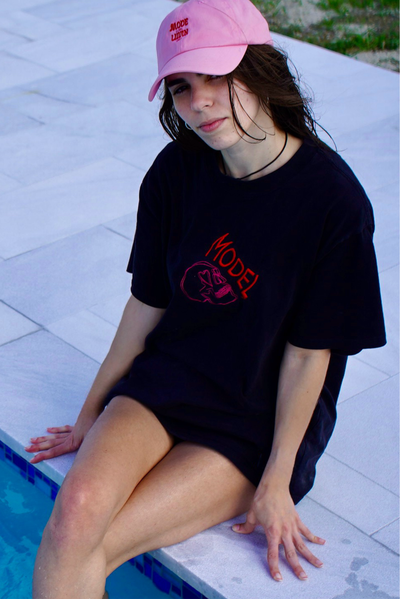 MODEL - a livin’ model, a classy color of choice shirt with love stricken skull head luvin mode