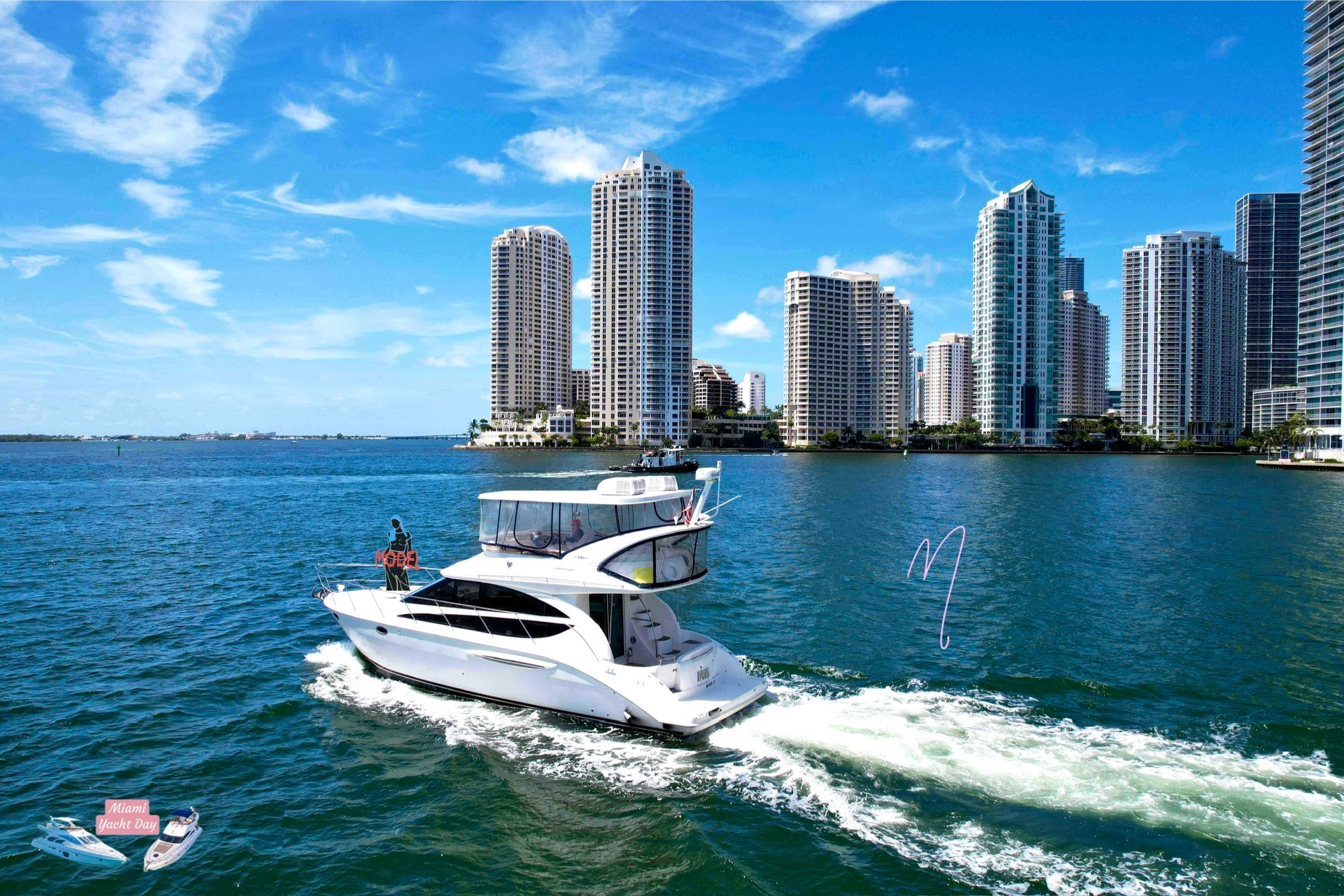 48’ Meridian Iris yacht model docked in Miami, ready for luxury events and charters via Modeluvin and Miami Yacht Day. Sleek design, vibrant vibes, and premium amenities.