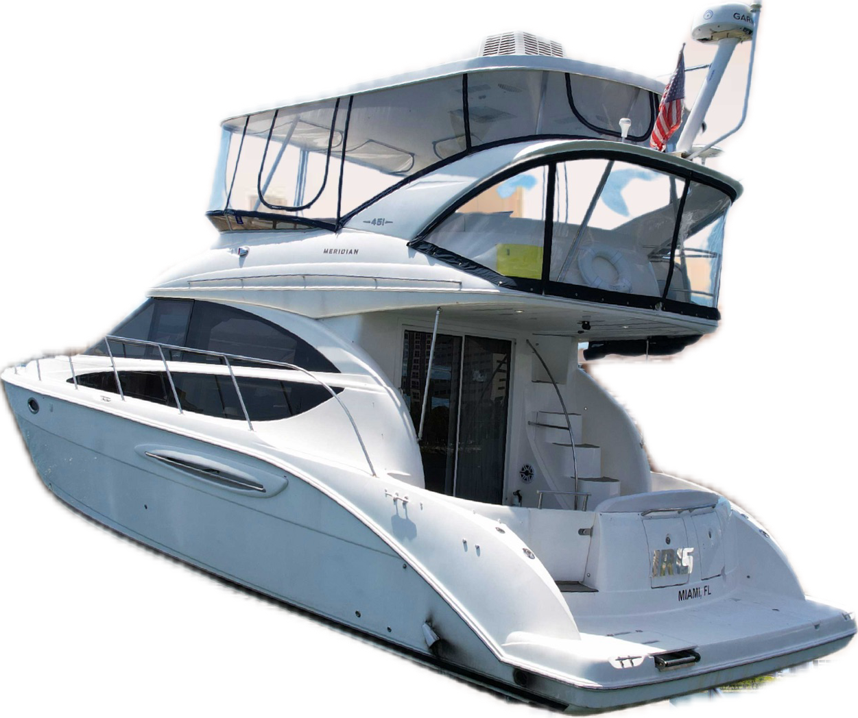 48’ Meridian Iris yacht model docked in Miami, ready for luxury events and charters via Modeluvin and Miami Yacht Day. Sleek design, vibrant vibes, and premium amenities. Graphic sticker of Yacht. See NFTs