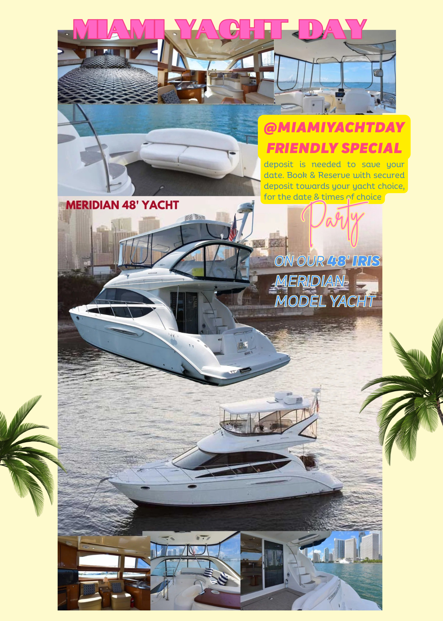 48’ Meridian Iris yacht model docked in Miami, ready for luxury events and charters via Modeluvin and Miami Yacht Day. Sleek design, vibrant vibes, and premium amenities. Best Special pricing deals when booked before the start of August 2025