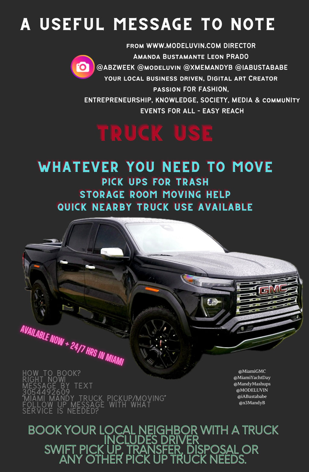 Pick up truck uses, pick up, drop off, movement and delivery services by Modeluvin Miami Mandy B