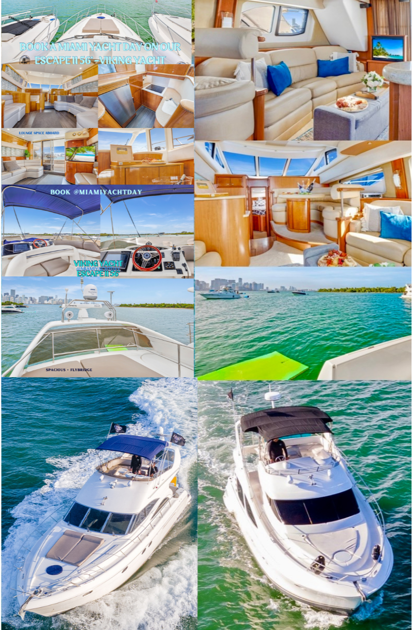 An advertisement image featuring a Viking 56 yacht on the water with the text 'get in contact with the Best in Miami for Yachts, n' overall water fun' along with the logos of 'Amanda B' and 'MiamiYachtDay'.