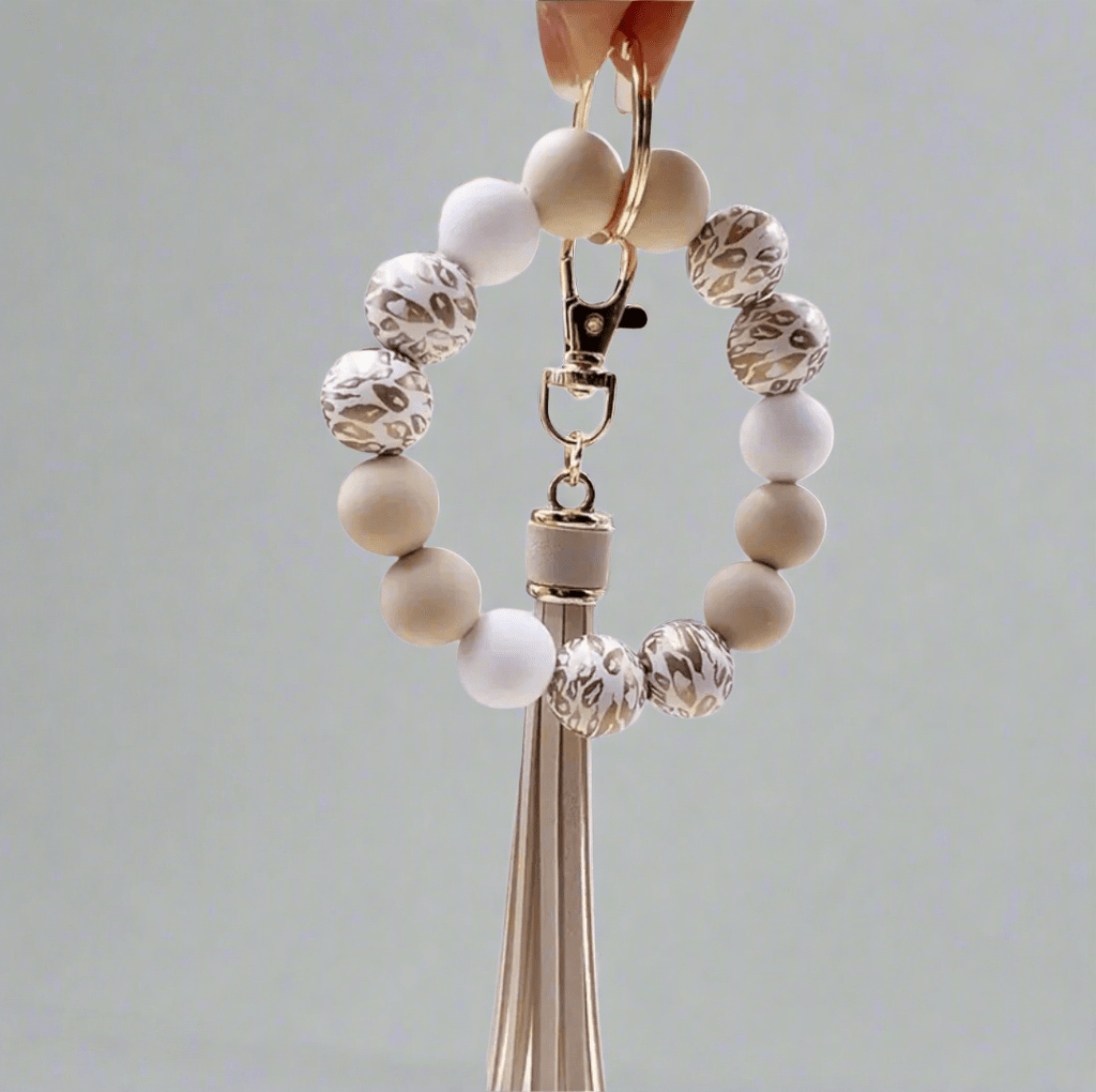 Leopard Print Wristlet Keychain Beige & Soft Gold