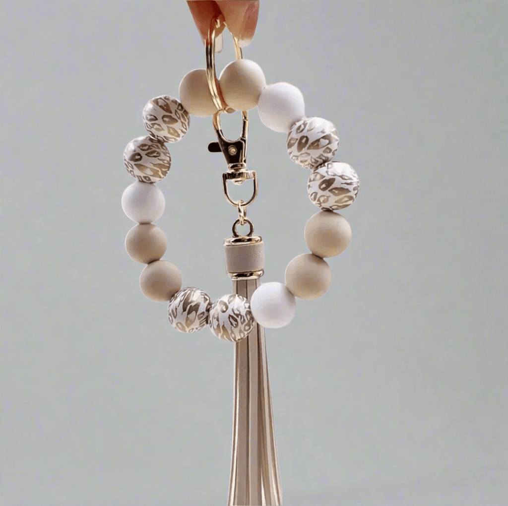 Leopard Print Wristlet Keychain Beige & Soft Gold