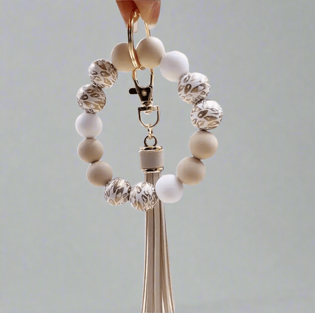 Leopard Print Wristlet Keychain Beige & Soft Gold