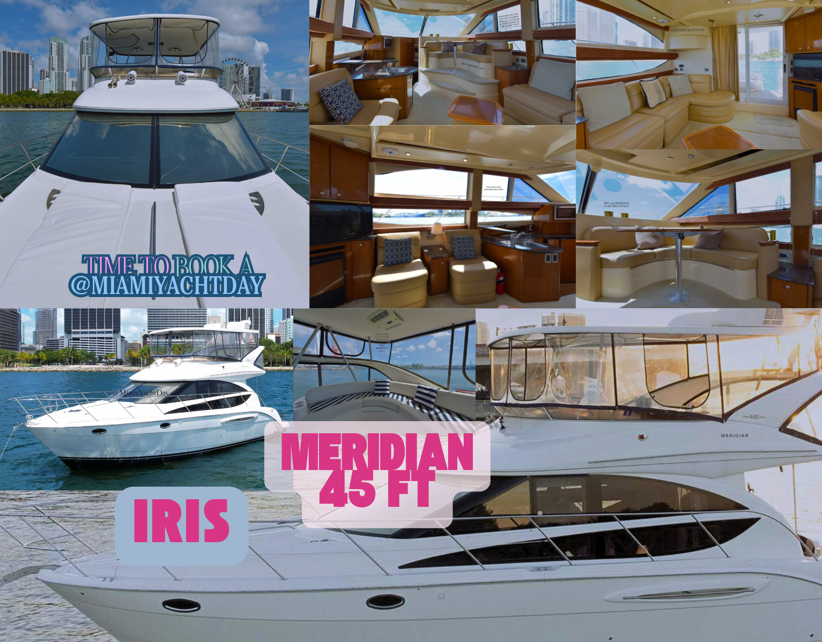 48’ Meridian Iris yacht model docked in Miami, ready for luxury events and charters via Modeluvin and Miami Yacht Day. Sleek design, vibrant vibes, and premium amenities.