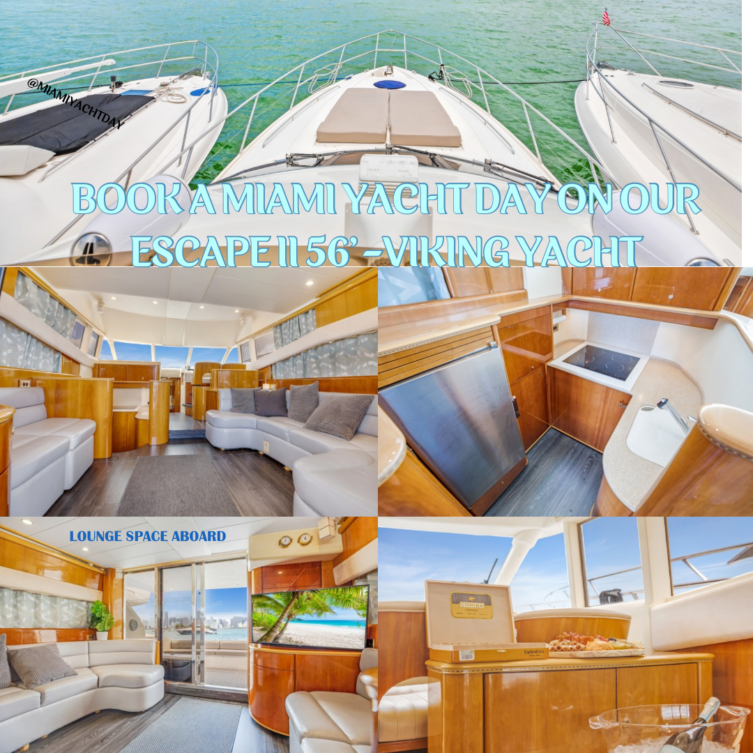 An advertisement image featuring a Viking 56 yacht on the water with the text 'get in contact with the Best in Miami for Yachts, n' overall water fun' along with the logos of 'Amanda B' and 'MiamiYachtDay'.